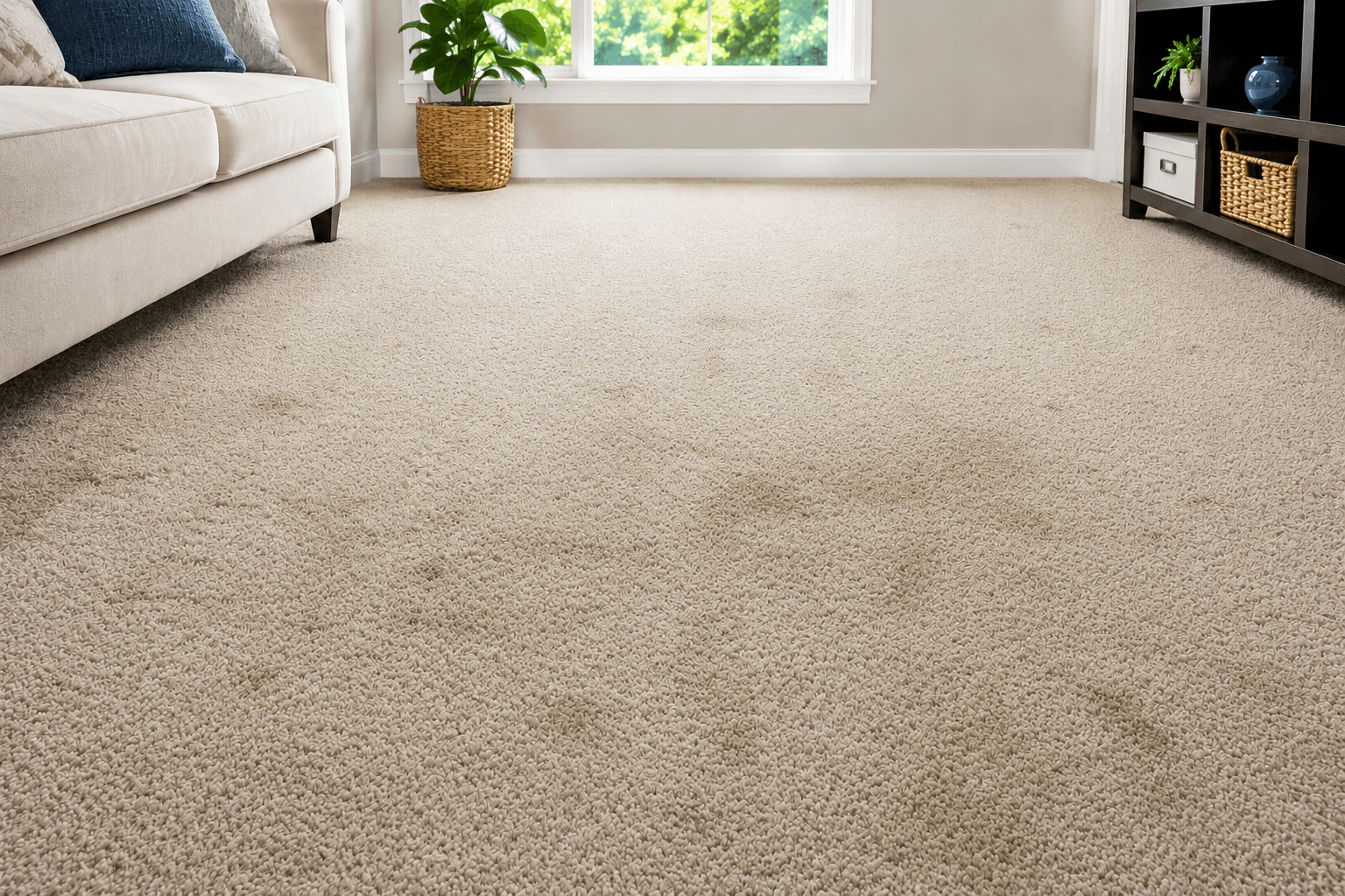 Living room carpet with visible stains before professional cleaning