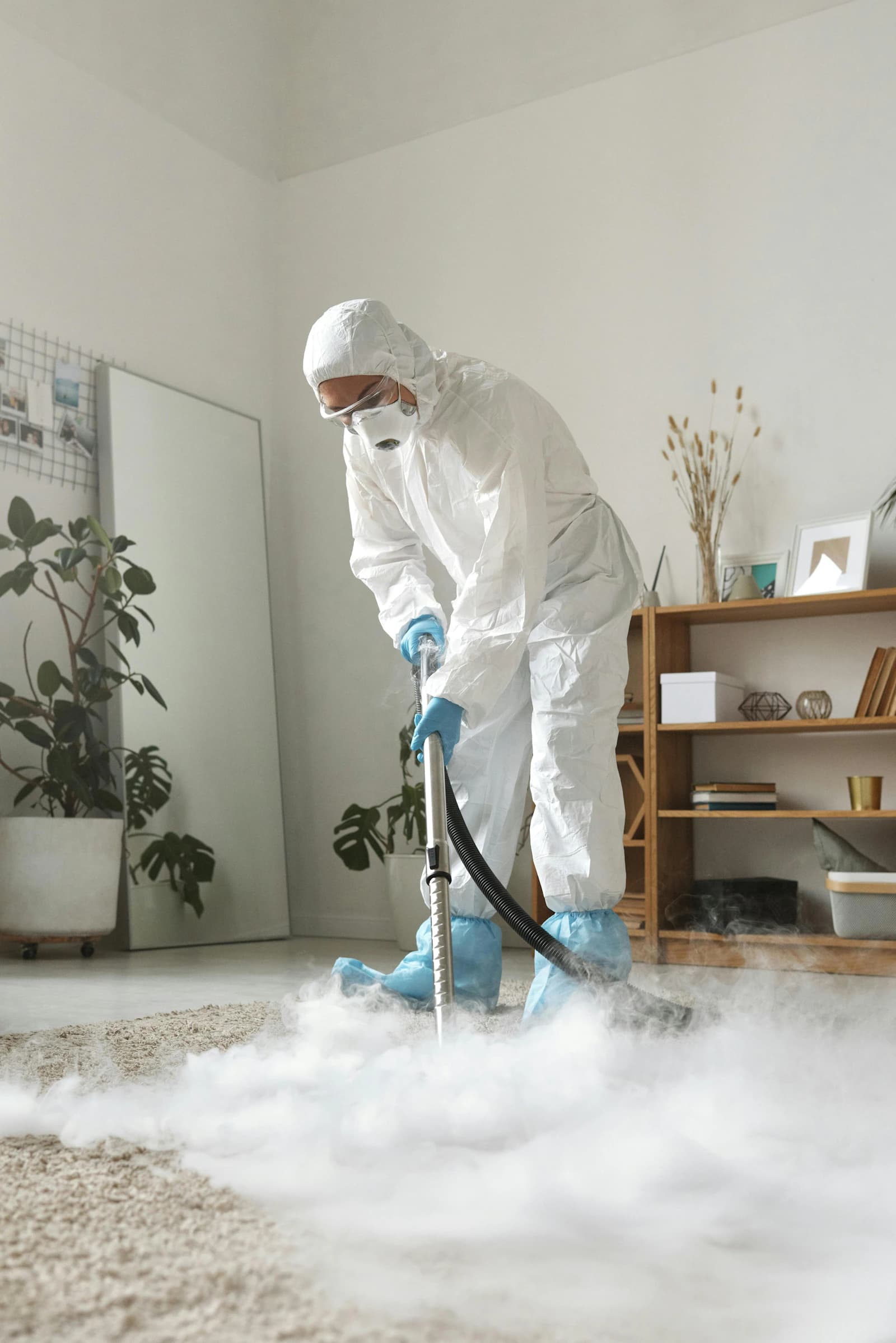 Professional carpet cleaning specialist at work in a UK home